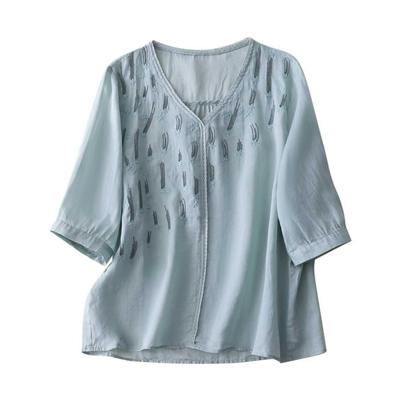 RYRJJ Women's Cotton Linen 3/4 Sleeve Shirts Summer Loose V-Neck Casual Boho Top Vintage Embroidered Blouse Tops(Blue,M)