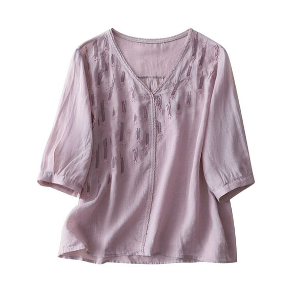 RYRJJ Women's Cotton Linen 3/4 Sleeve Shirts Summer Loose V-Neck Casual Boho Top Vintage Embroidered Blouse Tops(Purple,XXL)