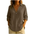 thumbnail image 1 of RYRJJ Women's Cotton Linen Blouses Long Sleeve Henley Shirts Button V Neck Casual Loose Fit Work Tops(Brown,M), 1 of 6