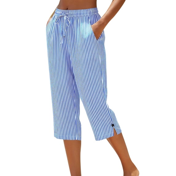 RYRJJ Women's Cotton Linen Striped Capri Pants Drawstring Casual Cropped Trousers with Pockets Loose High Waisted Straight Wide Leg Lounge Pants(Light Blue,3XL)
