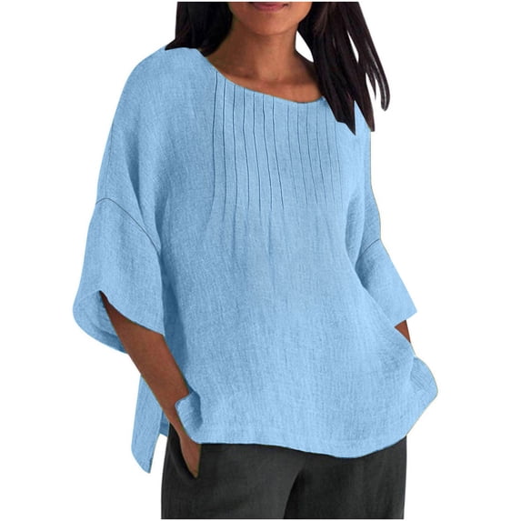 RYRJJ Women's Cotton Linen T-Shirts Plus Size Casual Loose 3/4 Length Sleeve Shirts Blouses Summer Pleated Crewneck Tunic Tops(Sky Blue,L)