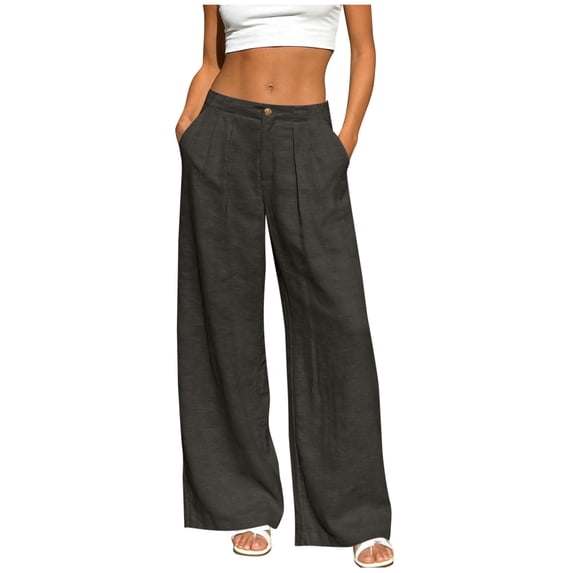 RYRJJ Women's Cotton Linen Wide Leg Pants Casual Elastic High Waisted Slacks Dressy Pants Work Palazzo Trousers with Pockets