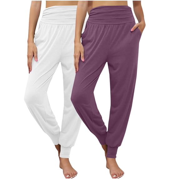 RYRJJ Women's Cozy Yoga Joggers Pants Loose Workout Sweatpants Comfy Lounge Pants with Pockets(z-2PCS Purple+White,L)