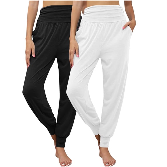 RYRJJ Women's Cozy Yoga Joggers Pants Loose Workout Sweatpants Comfy Lounge Pants with Pockets(z-2PCS White+Black,M)