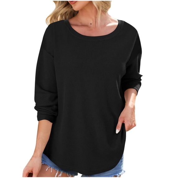 RYRJJ Women's Crew Neck Long Sleeve Shirts Waffle Knit Loose Tops Basic Tees Casual Comfy Fall Pullover Sweatshirts(Black,S)