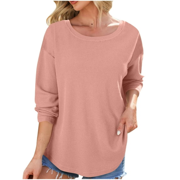 RYRJJ Women's Crew Neck Long Sleeve Shirts Waffle Knit Loose Tops Basic Tees Casual Comfy Fall Pullover Sweatshirts(Pink,M)