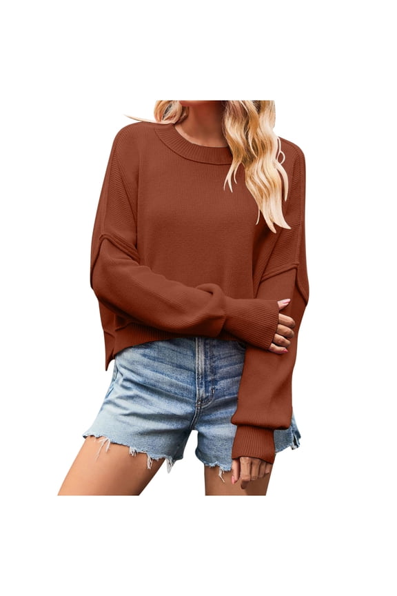 Women's Crewneck Cropped Sweaters Fall Fashion Drop Shoulder Long Sleeve Oversized Pullover Side Slit Ribbed Knit Jumper Tops Red M