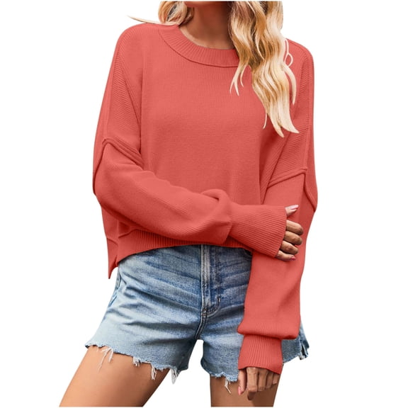 RYRJJ Women's Crewneck Cropped Sweaters Fall Fashion Drop Shoulder Long Sleeve Oversized Pullover Side Slit Ribbed Knit Jumper Tops Watermelon Red S