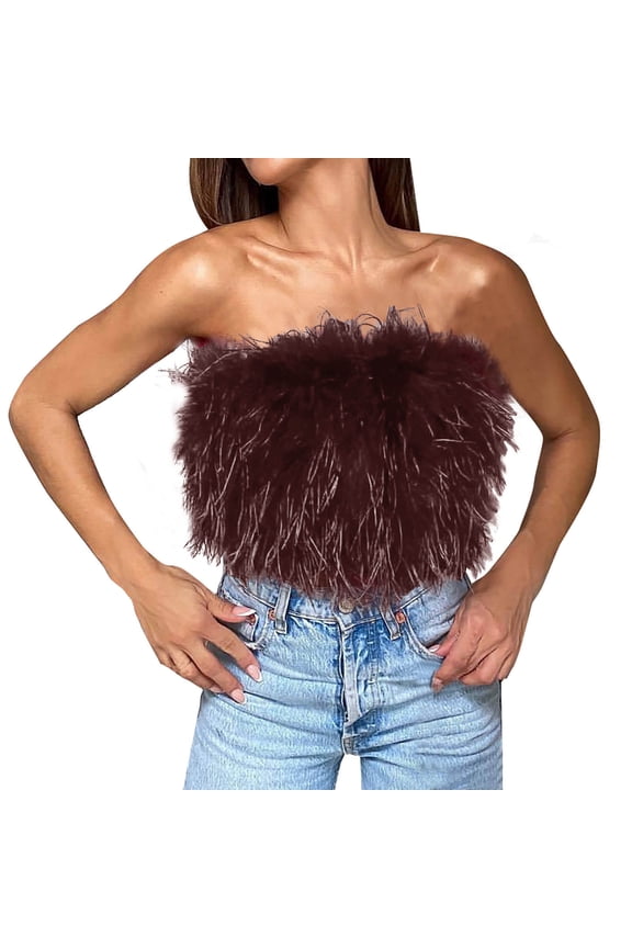 Women's Crop Tops Faux Fur Feather Strapless Tube Top Bandeau Sleeveless Camisole Tank Tops for Party Clubwear(Brown,M)