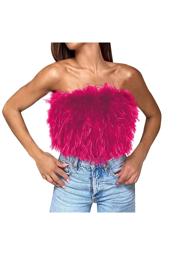 Women's Crop Tops Faux Fur Feather Strapless Tube Top Bandeau Sleeveless Camisole Tank Tops for Party Clubwear(Hot Pink,XXL)