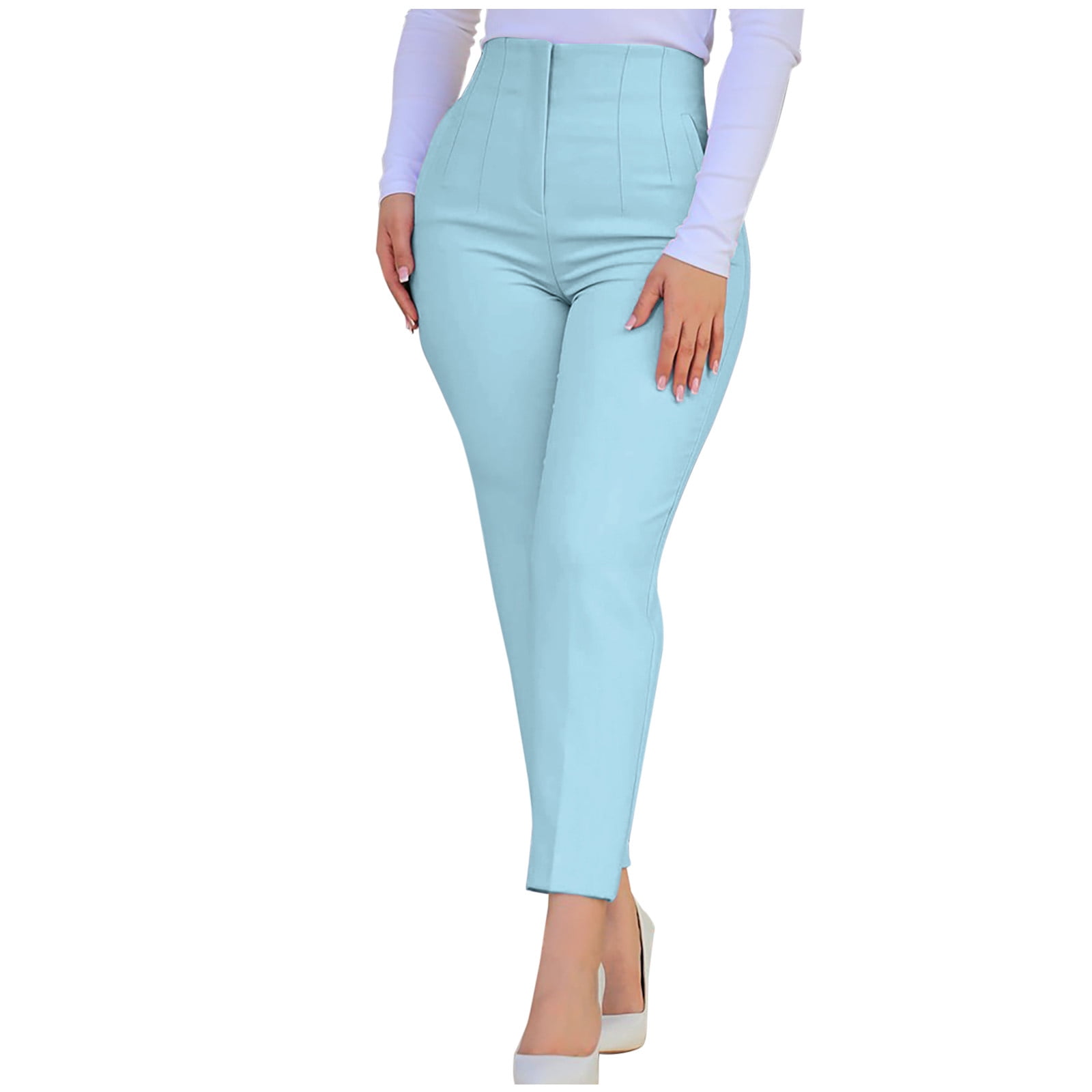 RYRJJ Women\'s Cropped Dress Pants with Pockets Business Office Casual  Pleated High Waist Slim Fit Pencil Pants for Work Trousers(Light Blue,M)