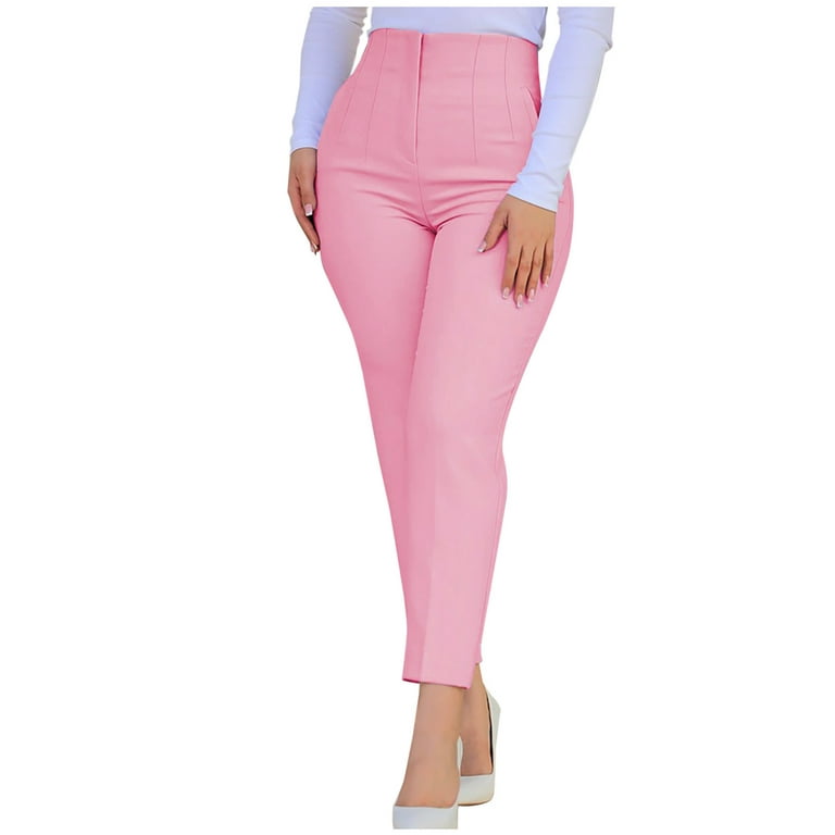 RYRJJ Women's Cropped Dress Pants with Pockets Business Office Casual  Pleated High Waist Slim Fit Pencil Pants for Work Trousers(Pink,M)