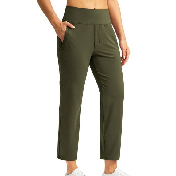 RYRJJ Women's Cropped Pants with Pockets High Waisted Stretch Ankle Slacks Pants for Women Golf Casual Travel Athletic Work Trousers(Army Green,L)