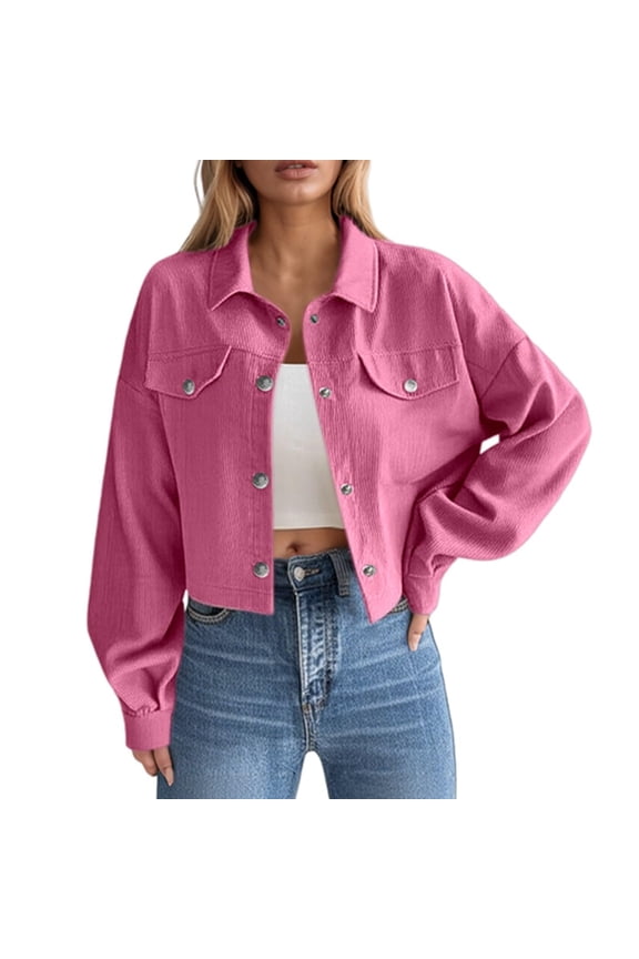 Women's Cropped Shacket Jacket Fashion Button Down Corduroy Shirts Jackets Casual Fall Outerwear Tops with Flap Pockets(Hot Pink,XL)