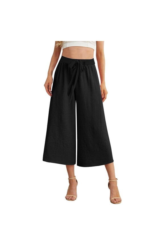 Women's Culottes Linen Cropped Wide Leg Pants Pleated Elastic High Waist Casual Palazzo Trousers with Pockets(Black,M)