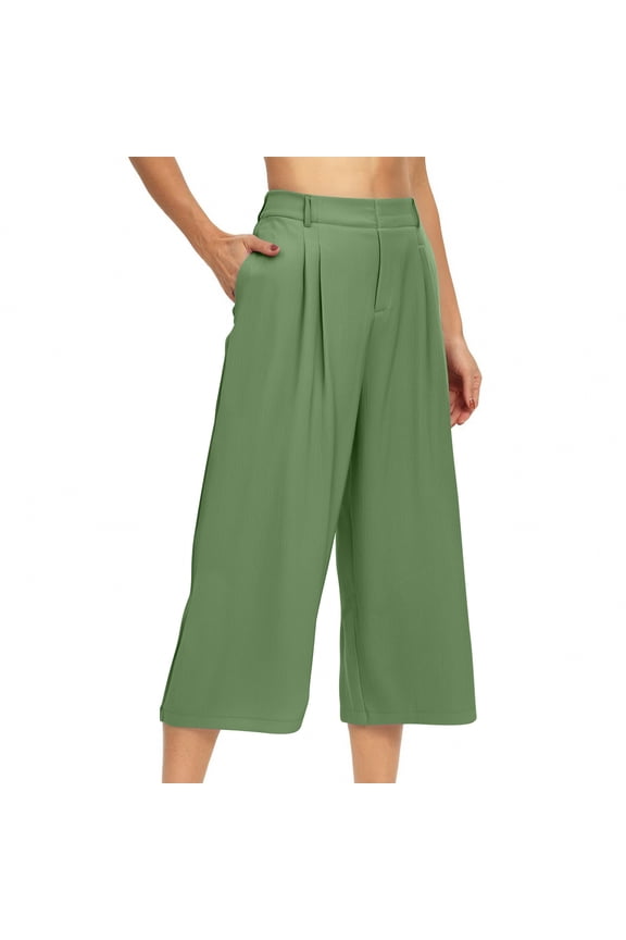 Women's Culottes Linen Cropped Wide Leg Pants Pleated Elastic High Waist Casual Palazzo Trousers with Pockets(Green,L)