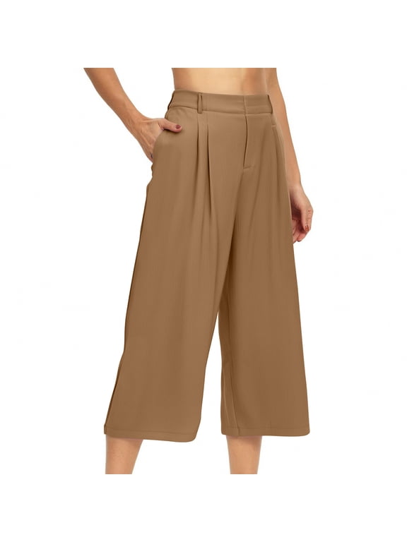 Women's Culottes Linen Cropped Wide Leg Pants Pleated Elastic High Waist Casual Palazzo Trousers with Pockets(Khaki,M)