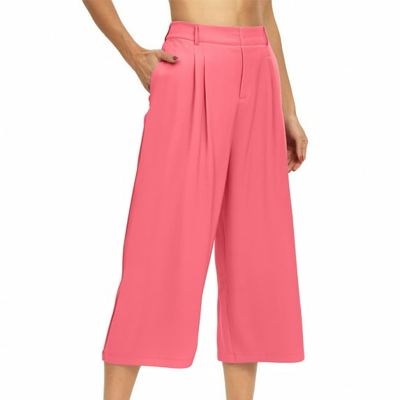 RYRJJ Women's Culottes Linen Cropped Wide Leg Pants Pleated Elastic High Waist Casual Palazzo Trousers with Pockets(Pink,S)