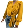 thumbnail image 1 of RYRJJ Women's Deep V Neck Chiffon Shirts Tie Front Knot Puff Long Sleeve Wrap Crop Top Blouse(Yellow,S), 1 of 8