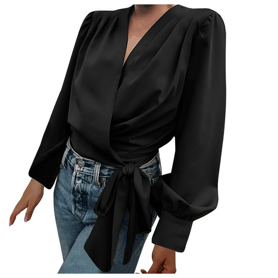 RYRJJ Women's Deep V Neck Chiffon Shirts Tie Front Knot Puff Long Sleeve Wrap Crop Top Blouse(Black,XL)