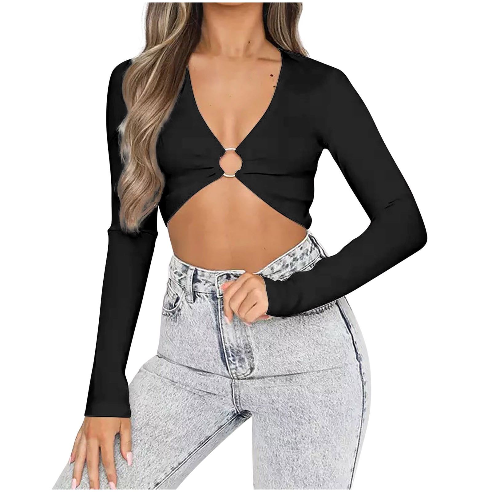 RYRJJ Women's Deep V Neck Long Sleeve Crop Tops O-Ring Front Tee Shirt Y2K  Casual Slim Fit Going Out Tight Cropped T-Shirts(Black,L)
