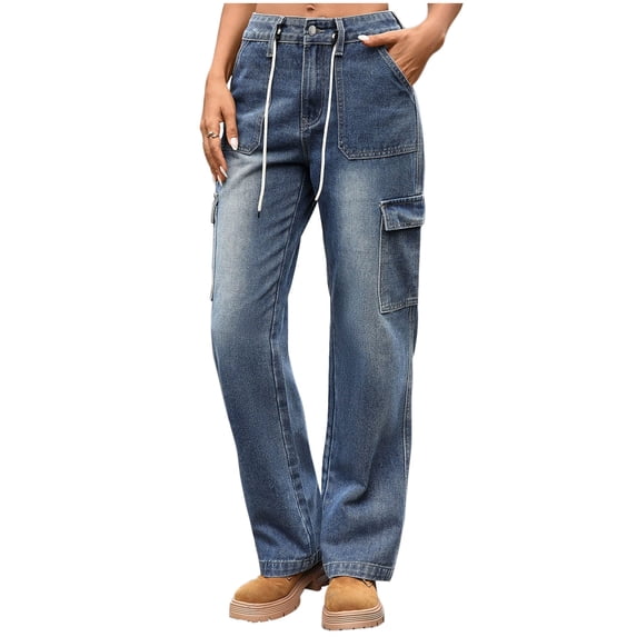 RYRJJ Women's Drawstring Cargo Jeans High Waisted Straight Wide Leg Denim Pants Casual Baggy Denim Trousers with 6 Pockets(Blue;L)