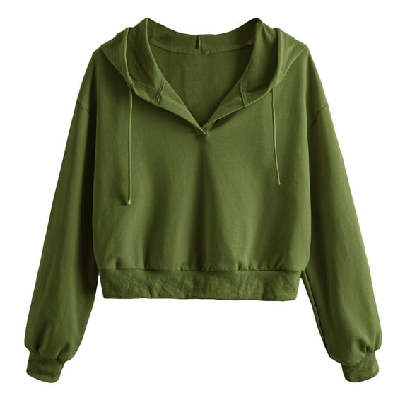 RYRJJ Women's Drawstring Cropped Hoodie V-Neck Casual Plain Hoodies for Women Long Sleeve Crop Tops Pullover Sweatshirt(Army Green,M)