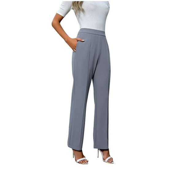 RYRJJ Women's Dress Work Pants High Waist Stretchy Straight Leg Pull On Trousers Business Office Casual Slacks with Pockets(Gray,M)