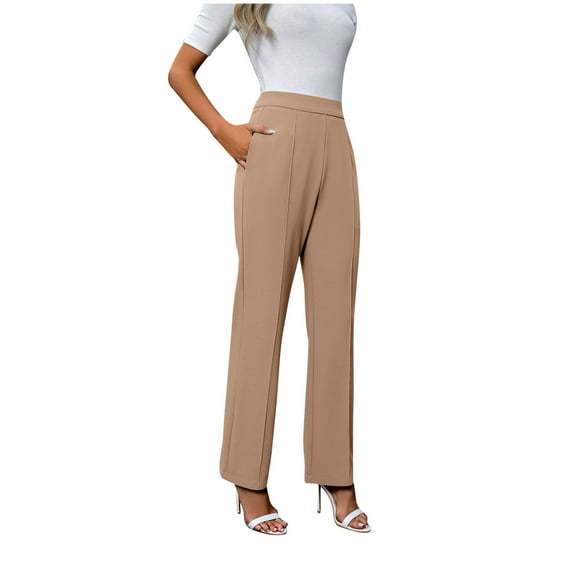 RYRJJ Women's Dress Work Pants High Waist Stretchy Straight Leg Pull On Trousers Business Office Casual Slacks with Pockets(Khaki,XL)