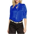 thumbnail image 1 of RYRJJ Women's Dressy Business Casual Blouses Satin Silk Puff Sleeve Tops Summer Stand Collar Pleated Work Button Down Shirts(Blue,3XL), 1 of 7