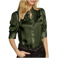 thumbnail image 1 of RYRJJ Women's Dressy Business Casual Blouses Satin Silk Puff Sleeve Tops Summer Stand Collar Pleated Work Button Down Shirts(Green,M), 1 of 7
