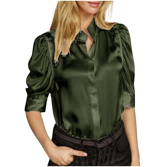 RYRJJ Women's Dressy Business Casual Blouses Satin Silk Puff Sleeve Tops Summer Stand Collar Pleated Work Button Down Shirts(Green,S)