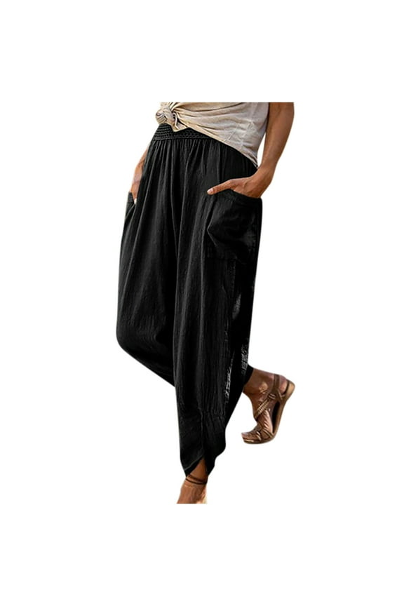 Women's Elastic High Waist Linen Pants with Pockets Casual Baggy Yoga Pants Summer Beach Harem Pants(Black,3XL)