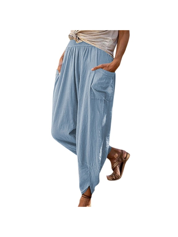 Women's Elastic High Waist Linen Pants with Pockets Casual Baggy Yoga Pants Summer Beach Harem Pants(Light Blue,S)