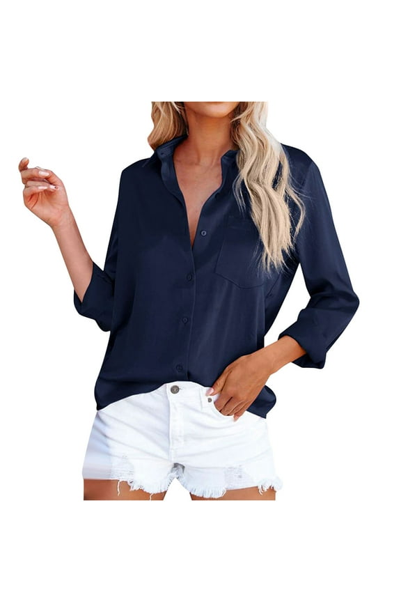 Women's Elegant Blouses Satin Silk Button-Down Shirts Long Sleeve Casual Work Tunic Tops with Pocket(Navy,S)