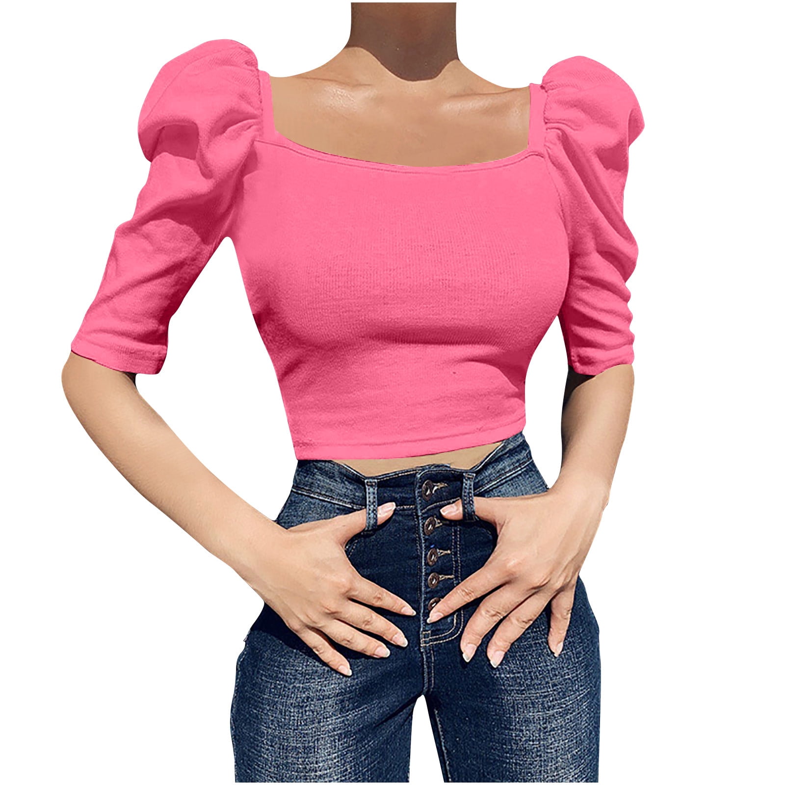 RYRJJ Women's Elegant Puff Short Sleeve Crop Tops Ribbed Knit Square Neck  Basic Slim Fit T-Shirt Blouse(Hot Pink,L) 