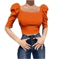 thumbnail image 1 of RYRJJ Women's Elegant Puff Short Sleeve Crop Tops Ribbed Knit Square Neck Basic Slim Fit T-Shirt Blouse(Orange,3XL), 1 of 5