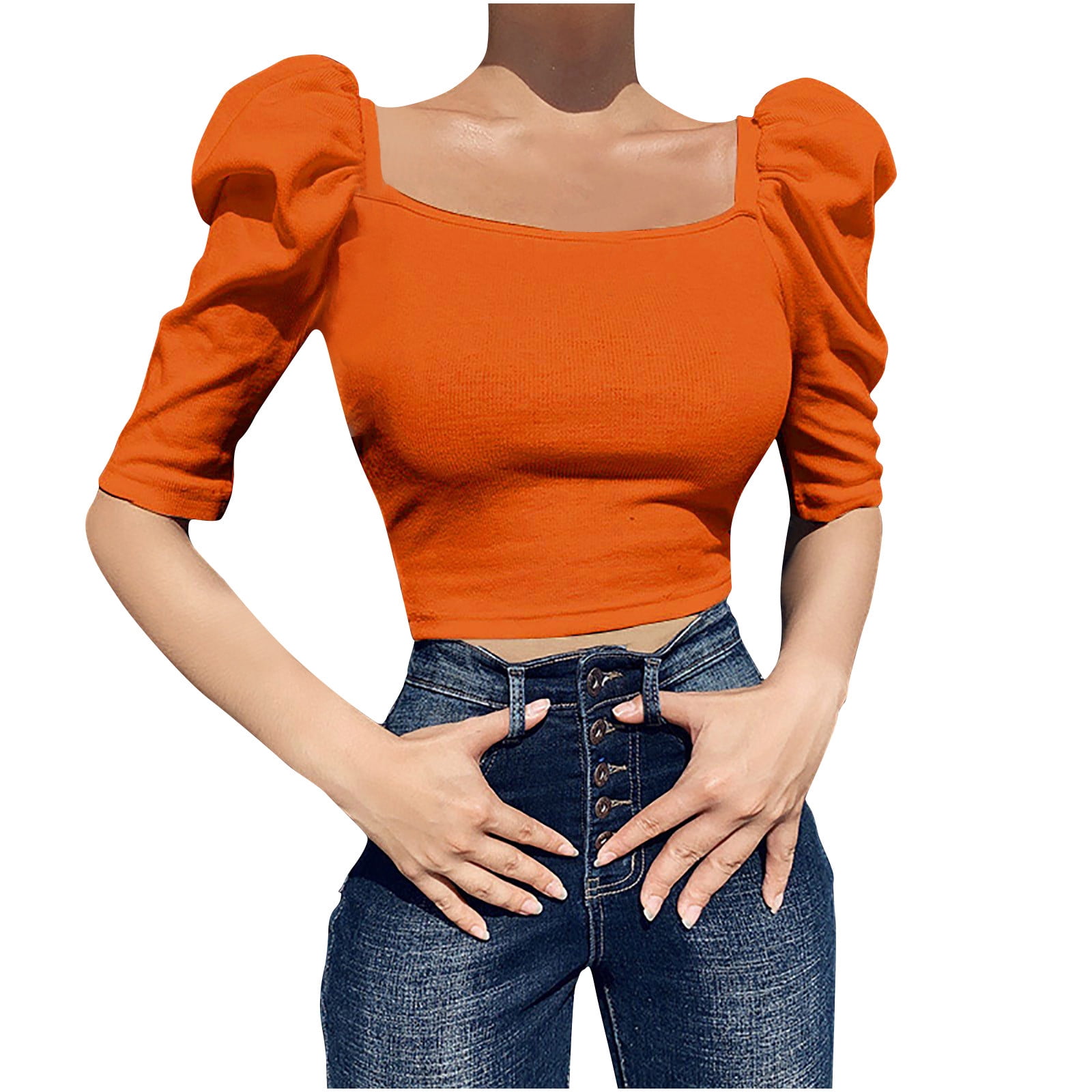 RYRJJ Women's Elegant Puff Short Sleeve Crop Tops Ribbed Knit Square Neck  Basic Slim Fit T-Shirt Blouse(Orange,L)
