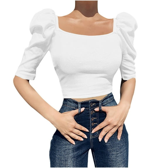 RYRJJ Women's Elegant Puff Short Sleeve Crop Tops Ribbed Knit Square Neck Basic Slim Fit T-Shirt Blouse(White,M)
