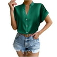 thumbnail image 1 of RYRJJ Women's Elegant Shirts Fashion Casual Loose Fit Short Sleeve V-Neck Shirt Tops Button Down Lightweight Stand Collar Blouse(Green,L), 1 of 9