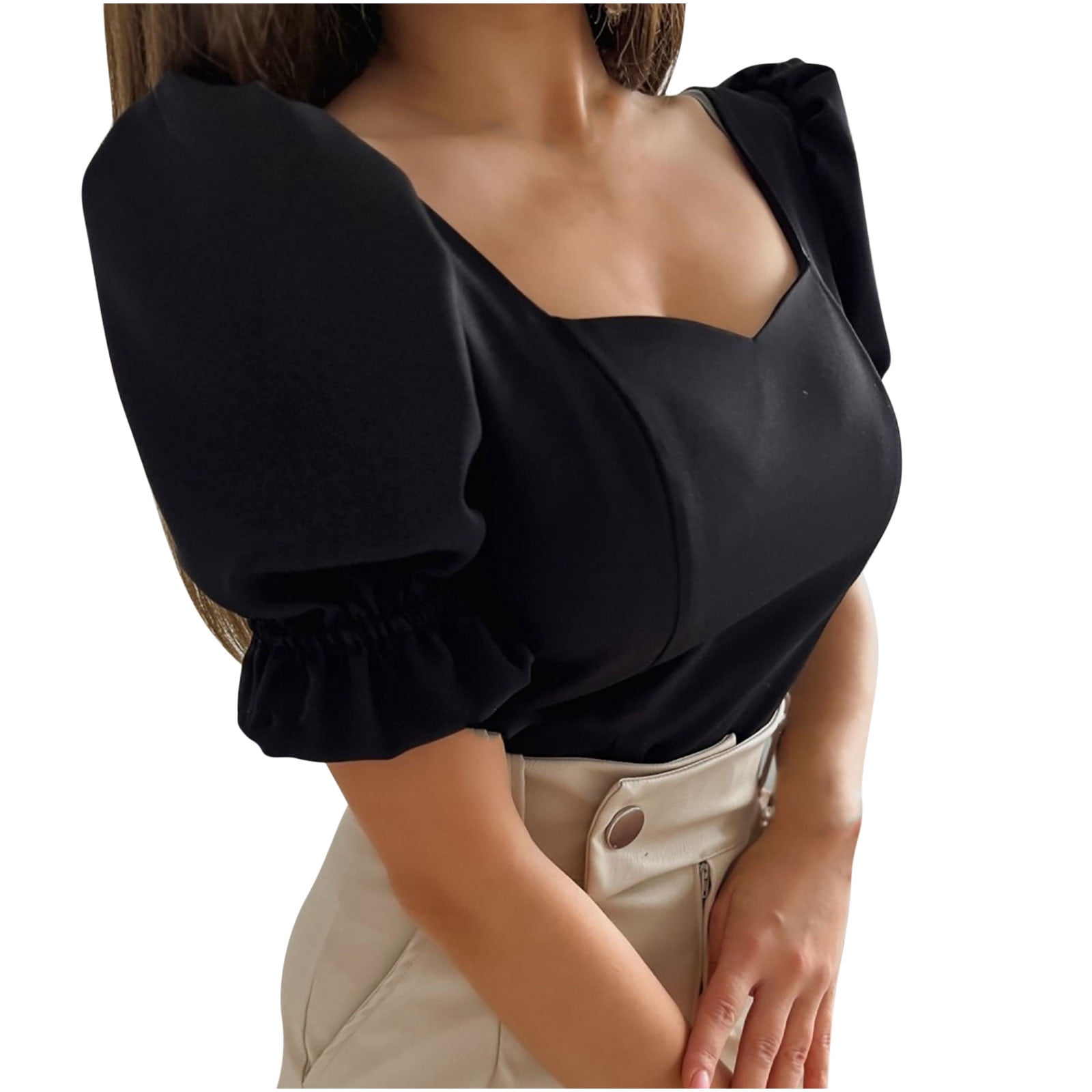 RYRJJ Women's Elegant Short Puff Sleeve Blouse Sweetheart Neckline