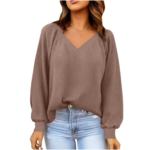 RYRJJ Women's Fall Oversized Sweatshirt Casual Waffle Knit Long Sleeve V-Neck Pullover Lightweight Tunic Tops(Coffee,XL)