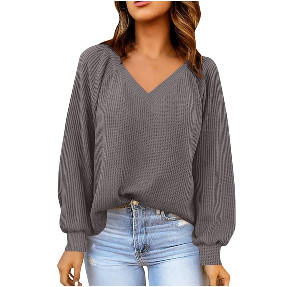 RYRJJ Women's Fall Oversized Sweatshirt Casual Waffle Knit Long Sleeve V-Neck Pullover Lightweight Tunic Tops(Gray,S)