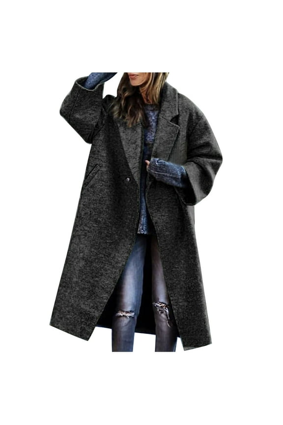 Women's Fall Winter Pea Coat Oversized Notched Collar Overcoats Woolen Open Front Button Down Long Trench Coat(Black,S)
