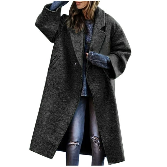 RYRJJ Women's Fall Winter Pea Coat Oversized Notched Collar Overcoats Woolen Open Front Button Down Long Trench Coat(Black,S)
