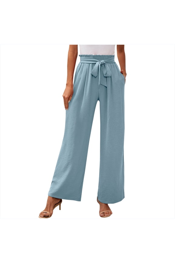 Women's Fashion Wide Leg Lounge Pants with Pockets Lightweight High Waisted Adjustable Tie Knot Loose Business Work Trousers(Sky Blue,S)