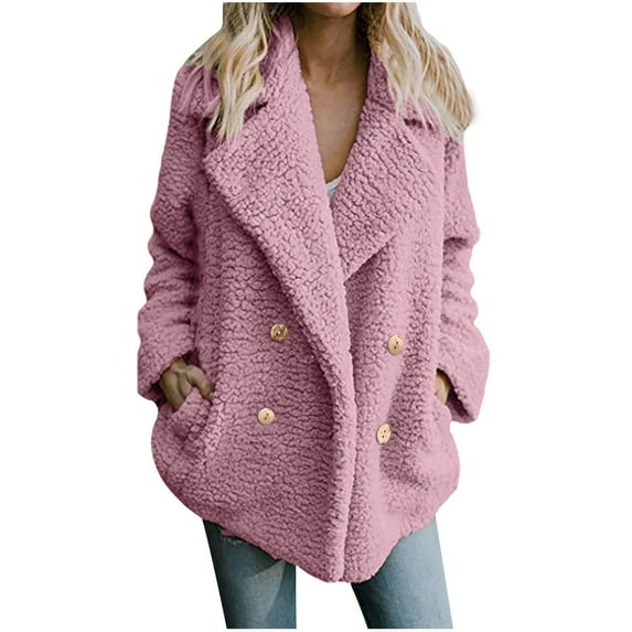RYRJJ Women's Fashion Winter Coat Long Sleeve Lapel Zip Up Fuzzy Fleece Sherpa Oversized Shacket Jacket Outweat with Pockets Plus Size(Pink,XXL)