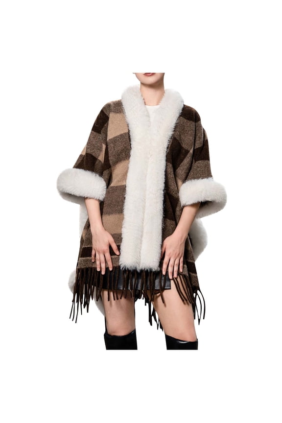Women's Faux Fur Trim Cloak Shawl Wrap Plaid Striped Tassel Poncho Coat Cape Fall Winter Warm Open Front Cardigan(Brown,Free Size)