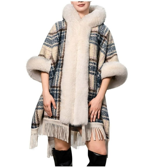 RYRJJ Women's Faux Fur Trim Cloak Shawl Wrap Plaid Striped Tassel Poncho Coat Cape Fall Winter Warm Open Front Cardigan(Dark Blue,Free Size)