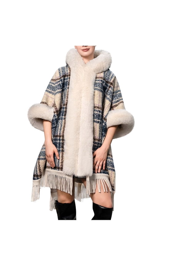 Women's Faux Fur Trim Cloak Shawl Wrap Plaid Striped Tassel Poncho Coat Cape Fall Winter Warm Open Front Cardigan(Dark Blue,Free Size)